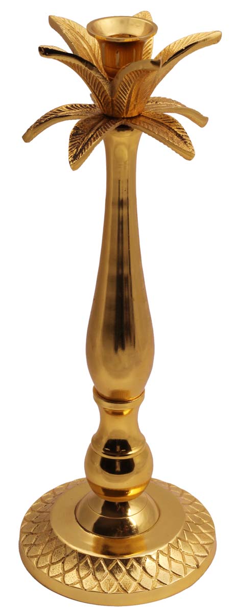 14” Aluminum Palm-Tree Candle-Holder in Gold Tone – Embossed - Antique-Look Home Décor / Housewarming Gifts